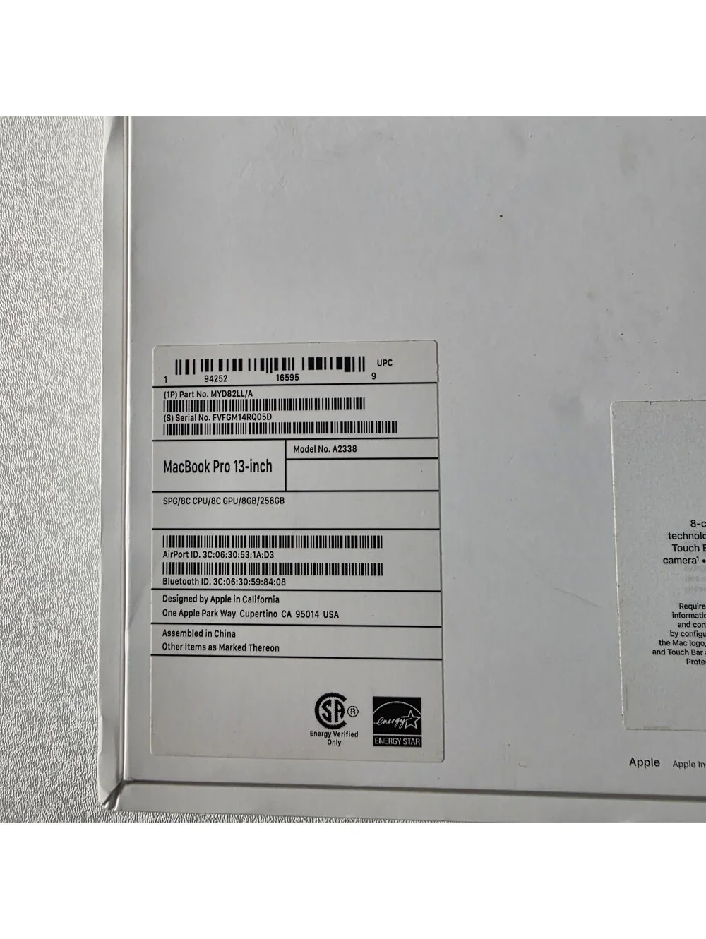 2020 Apple MacBook Pro 13 Inch (A2338) Space Gray 512GB EMPTY BOX ONLY